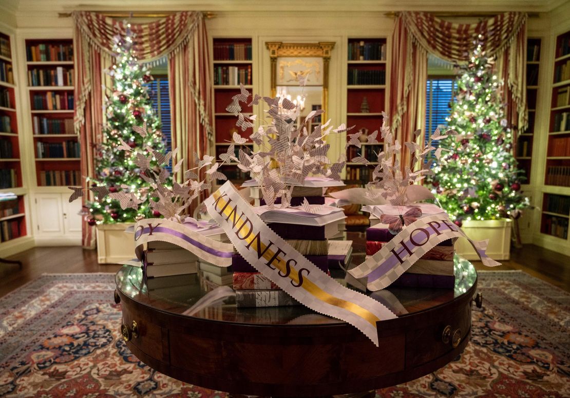 Decorations are seen in the Library during a press preview of the White House holiday decorations in Washington, DC on November 29, 2021. 
