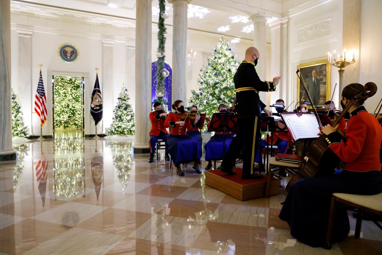 Members of the US Marine Band play holiday music during a press tour of White House decorations on Monday, November 29.