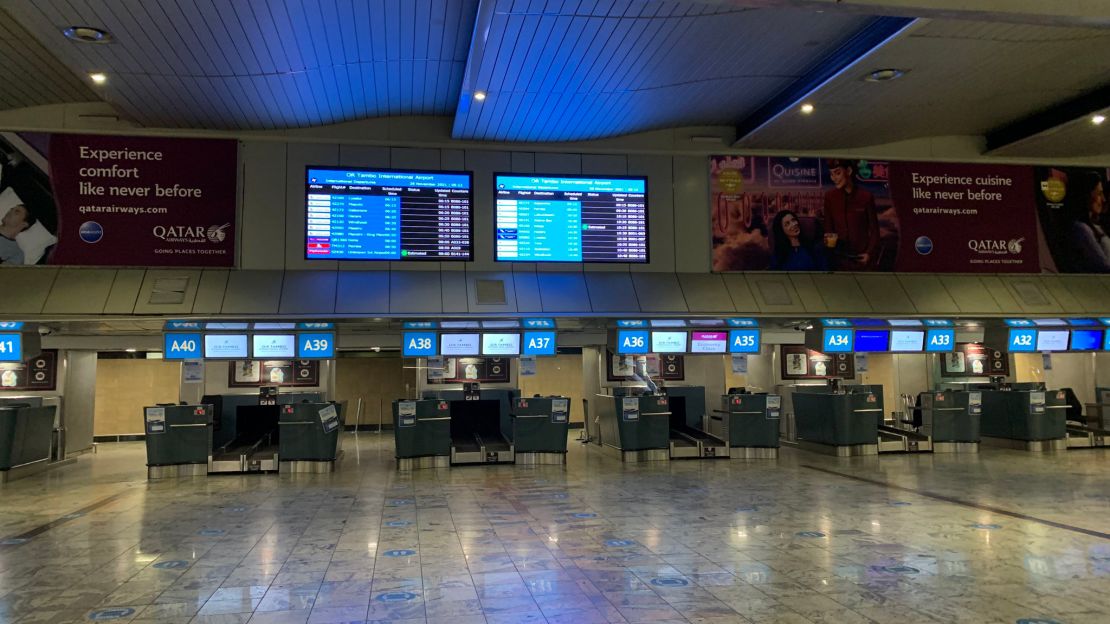 The closed check-in counters Jain and his family encountered upon arrival at O.R. Tambo International Airport.