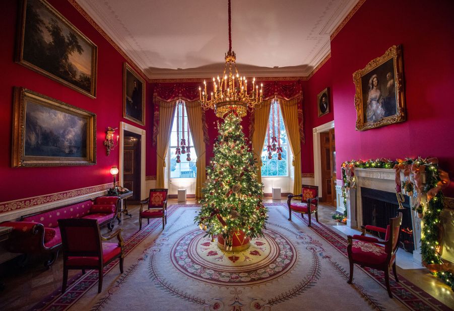 A Christmas tree is seen in the Red Room.