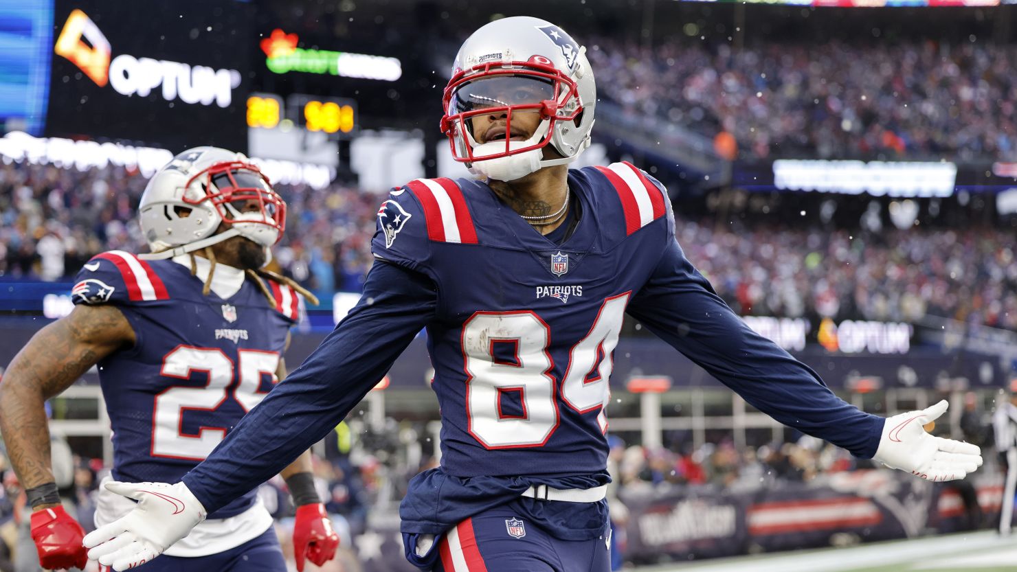New England Patriots wide receiver Kendrick Bourne celebrates his touchdown during the against the Tennessee Titans.