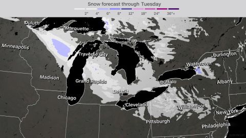 Forcast snow accumulation for the Great Lakes.