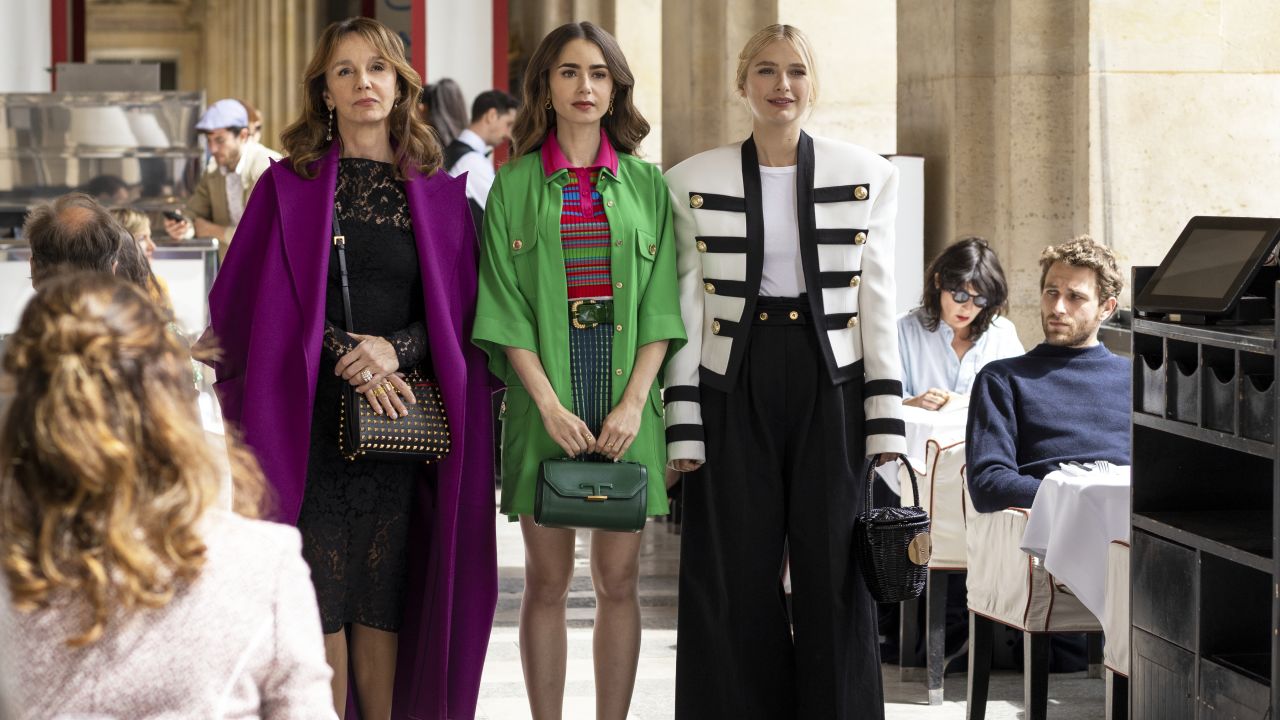 (From left) Philippine Leroy-Beaulieu as Sylvie Grateau, Lily Collins as Emily Cooper, and Camille Razat as Camille are shown in "Emily in Paris."
