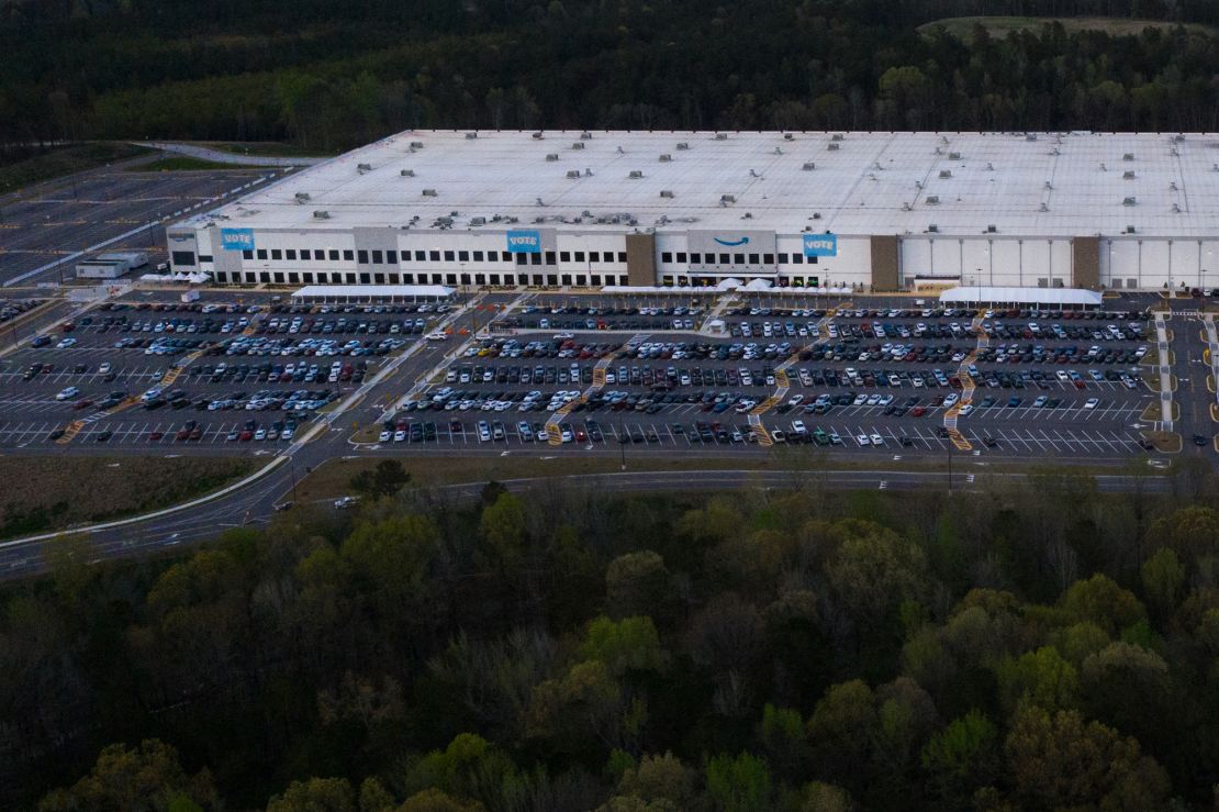 In an aerial view from a drone, the Amazon fulfillment warehouse in Bessemer, Alabama during the unionization drive there earlier this year. A new vote has been ordered at the warehouse following union complaints against Amazon's efforts during the first vote. 