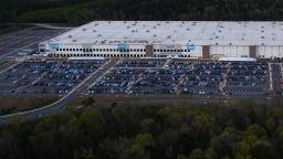 In an aerial view from a drone, the Amazon fulfillment warehouse at the center of a unionization drive is seen on March 28, 2021 in Bessemer, Alabama. 