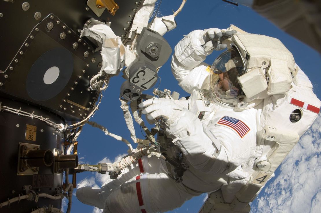 Marshburn is seen during his first spacewalk on July 20, 2009.