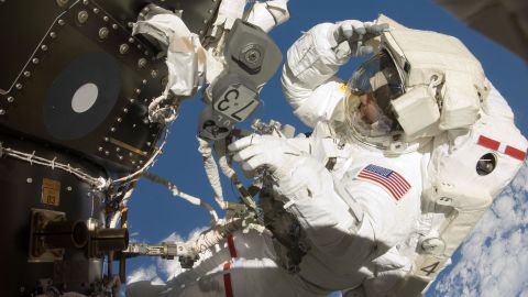 Marshburn is seen during his first spacewalk on July 20, 2009.