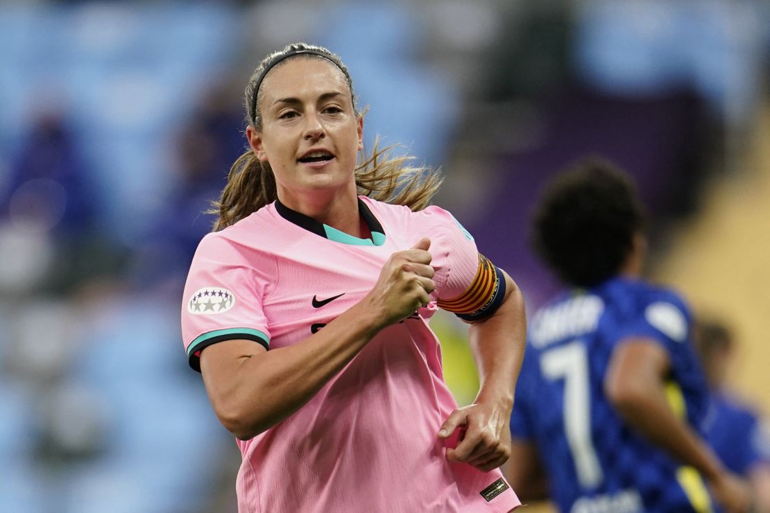 Alexia Putellas celebrates after scoring against Chelsea in the 2021 Champions League final.