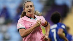 Barcelona's Alexia Putellas celebrates her penalty goal during the UEFA Women's Champions League final between Chelsea FC and FC Barcelona in Gothenburg, Sweden, on May 16, 2021. - - Sweden OUT (Photo by Bjorn LARSSON ROSVALL / TT News Agency / AFP) / Sweden OUT (Photo by BJORN LARSSON ROSVALL/TT News Agency/AFP via Getty Images)