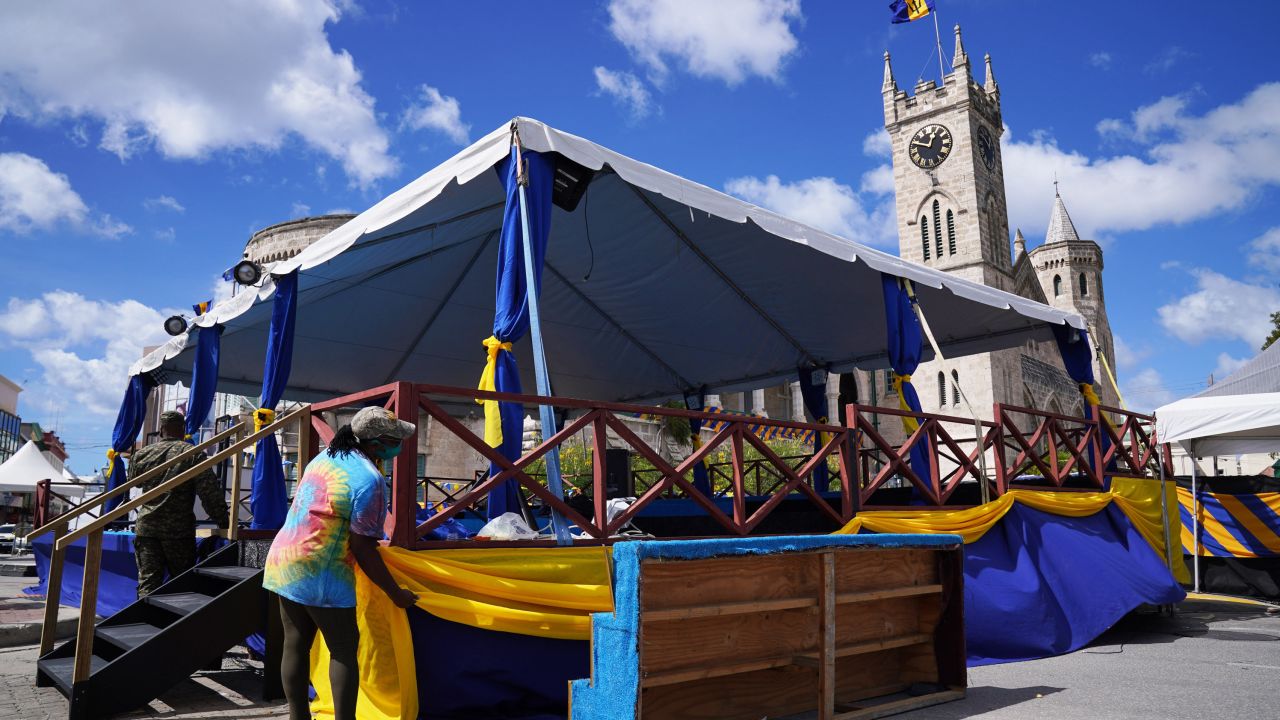 Preparations begin for the ceremony in Heroes Square by the Barbados Parliament building where at midnight on November 29, 2021, Barbados will officially become a republic in Bridgetown, Barbados. Picture date: Monday November 29, 2021. (Photo by Jonathan Brady/PA Images via Getty Images)