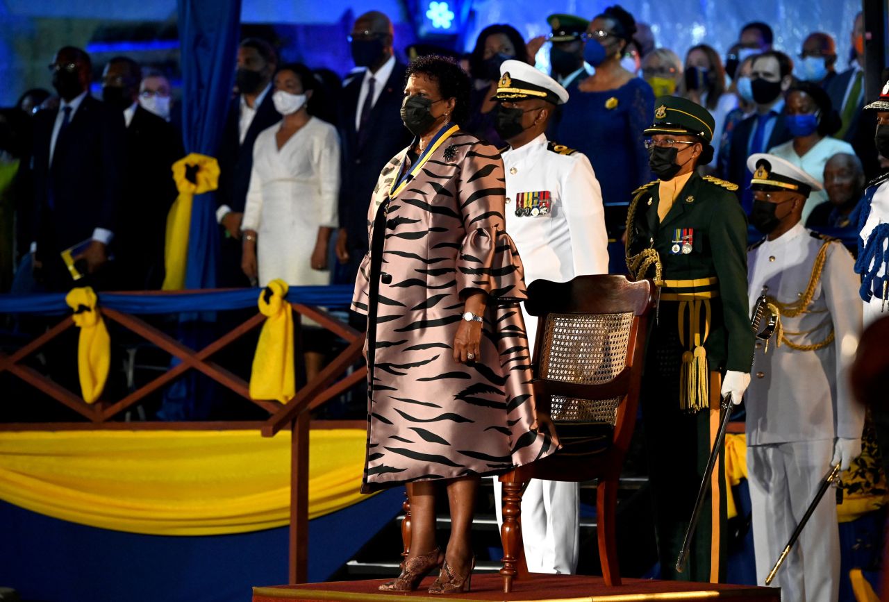 President of Barbados, Dame Sandra Mason, stands after being sworn in at the Presidential Inauguration Ceremony.