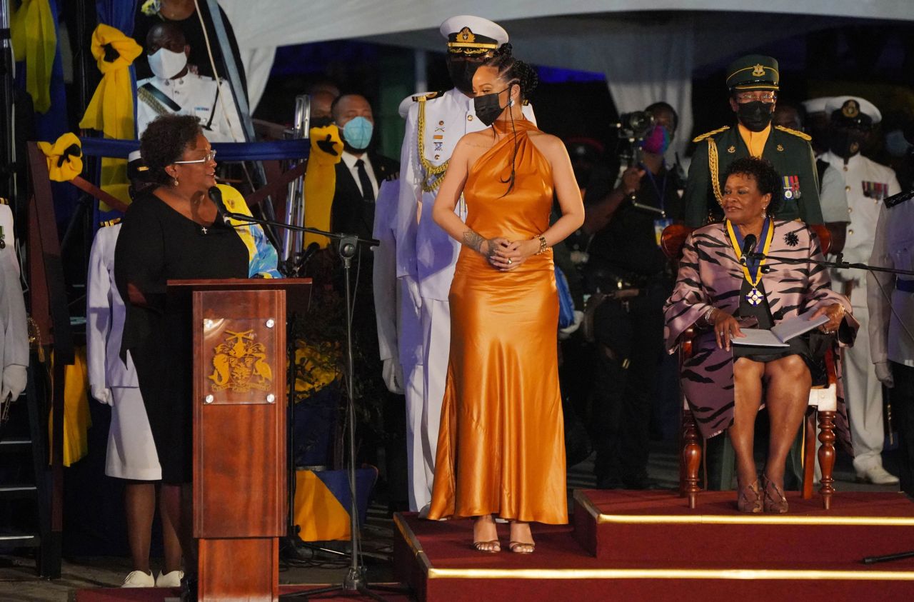 Rihanna, honored as a National Hero, attends the Presidential Inauguration Ceremony at Heroes Square. 