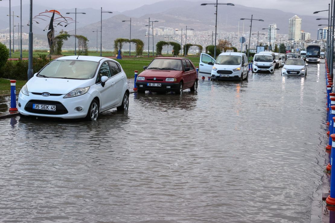 Waves flooded roads at Republic Square in the Konak district of Izmir, Turkey, due to the powerful storms on November 30.