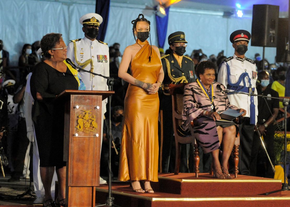 Rihanna (third from left) was named a national hero during a ceremony to declare Barbados a republic and the inauguration of the country's first president, at Heroes Square in Bridgetown, November 30. 