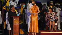 Rihanna (C) attends the Presidential Inauguration Ceremony at Heroes Square on November 30, 2021 in Bridgetown, Barbados. The Prince of Wales arrived in the country ahead of its transition to a republic within the Commonwealth. This week, it formally removes Queen Elizabeth as its head of state and the current governor-general, Dame Sandra Mason, will be sworn in as president. 