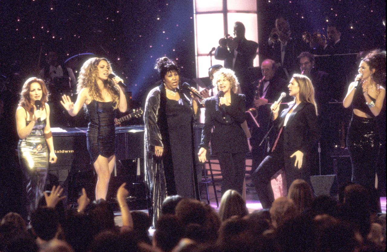 Gloria Estefan, Mariah Carey, Aretha Franklin, King, Celine Dion and Shania Twain at the Beacon Theatre in New York in 1998. The musical stars performed King's "(You Make Me Feel Like) A Natural Woman" during the VH1 Divas concert.