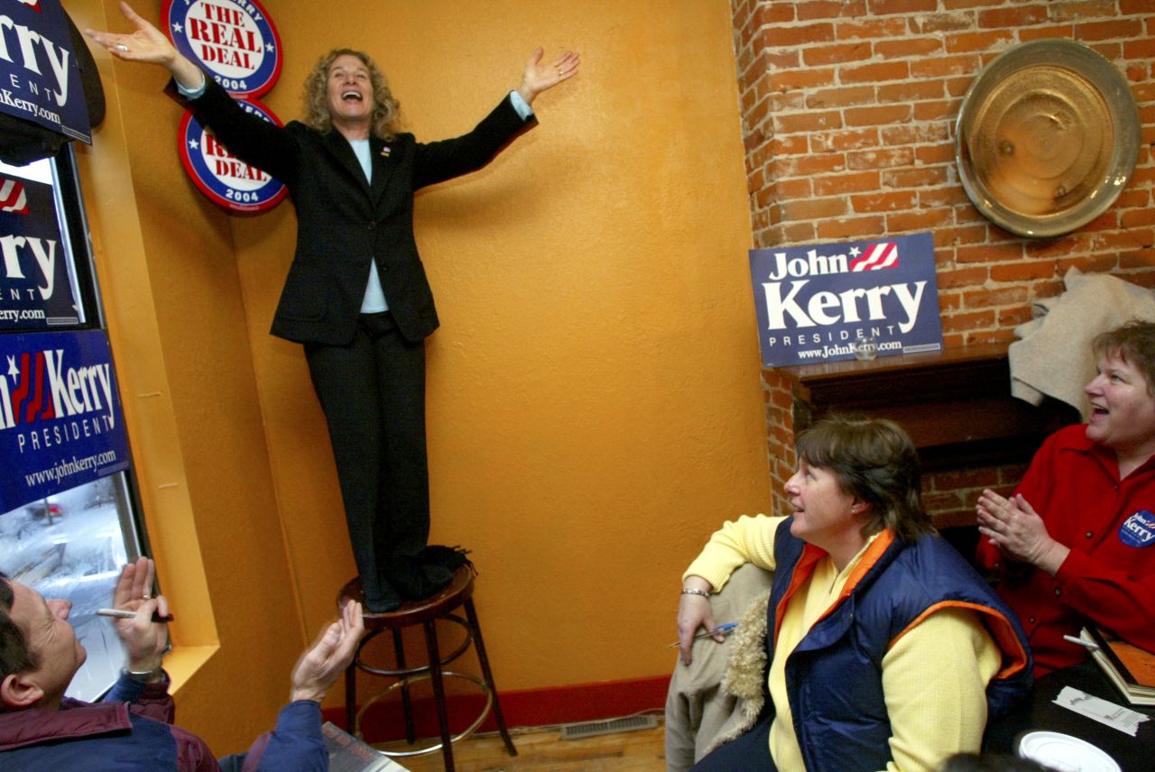 King sings, "I Feel the Earth Move," during a rally for Democratic presidential hopeful Sen. John Kerry in 2004 in Dubuque, Iowa.