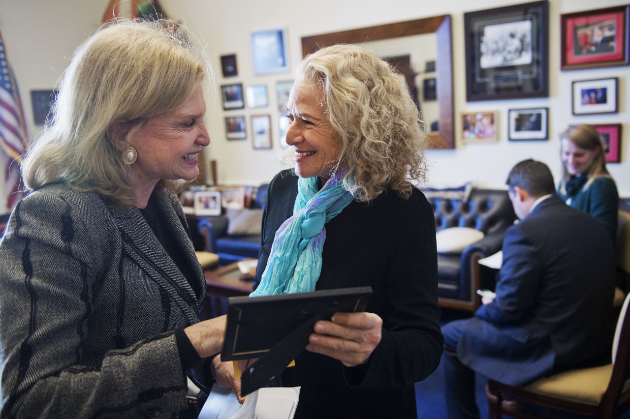 King and Rep. Carolyn Maloney talk before a news conference to introduce the Northern Rockies Ecosystem Protection Act in 2015. The bill designates 23 million acres of land in five Western states as permanent wilderness. King has spoken out supporting the bill since it was first introduced in 1992. 