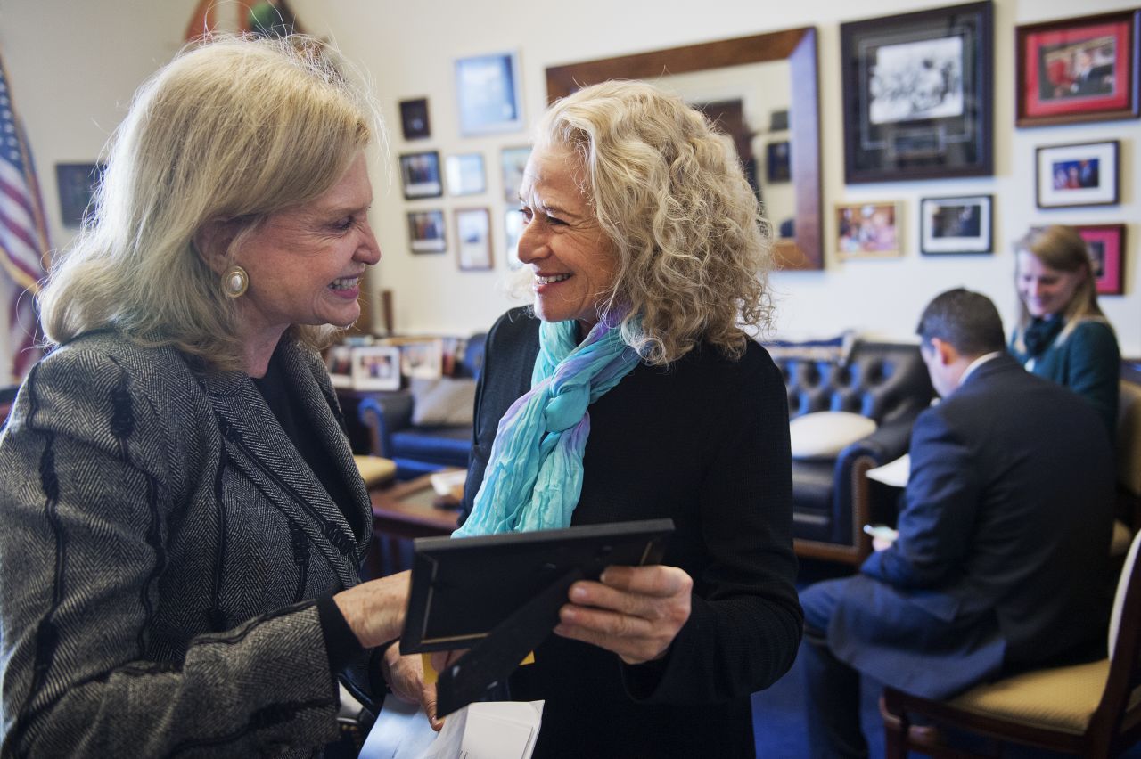 King and Rep. Carolyn Maloney talk before a news conference to introduce the Northern Rockies Ecosystem Protection Act in 2015. The bill designates 23 million acres of land in five Western states as permanent wilderness. King has spoken out supporting the bill since it was first introduced in 1992.