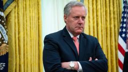 White House Chief of Staff Mark Meadows listens as U.S. President Donald Trump meets with New Jersey Gov. Phil Murphy in the Oval Office of the White House April 30, 2020 in Washington, DC. 