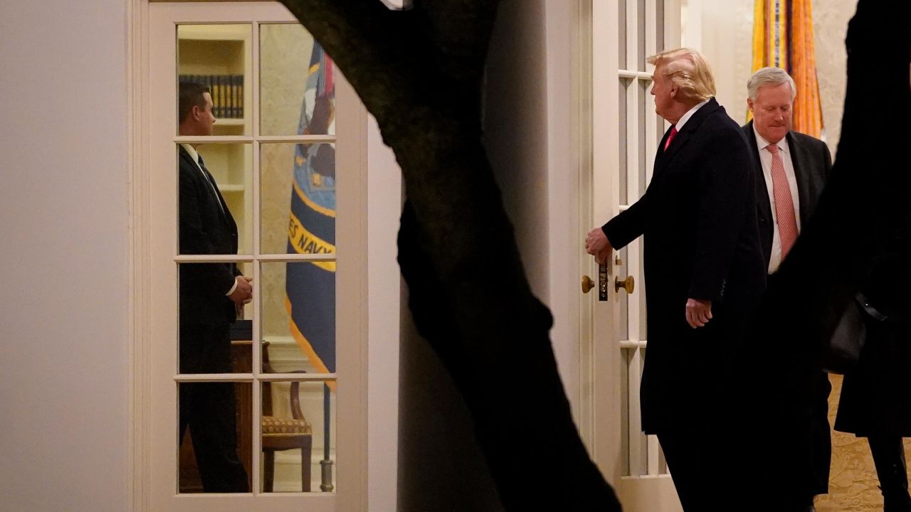 President Donald Trump and Chief of Staff Mark Meadows exit the Oval Office on January 4, 2020.