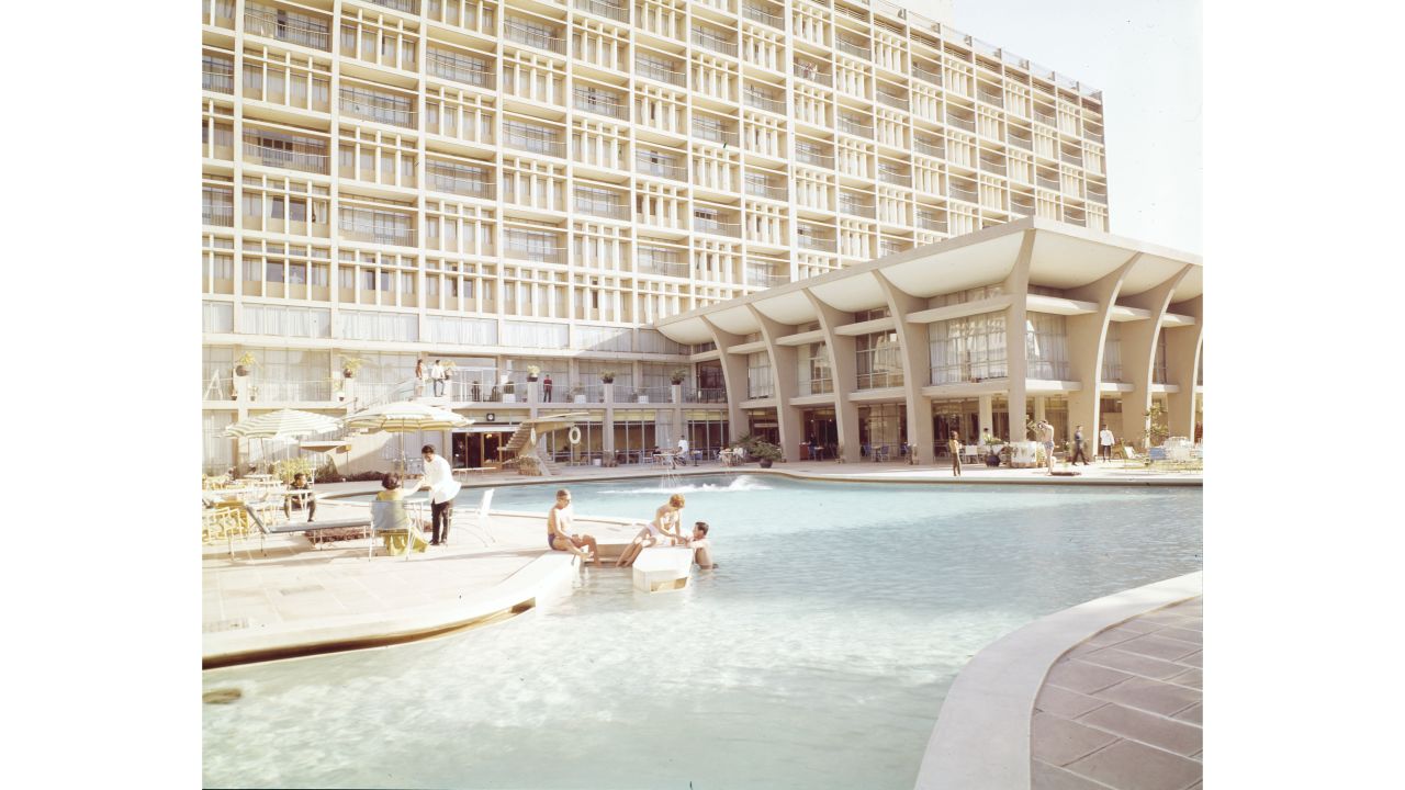 <strong>Teamwork:</strong> Wilma tells CNN Travel she'd travel with her husband on his InterContinental assignments, coordinating productions, dressing sets, assisting with wardrobe, sourcing models, and occasionally standing in as a model herself. Here's Arie deZanger's photo of the Oberoi InterContinental Hotel in New Delhi, India which opened in 1965.