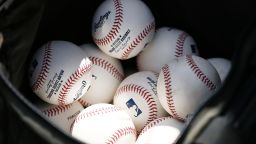 VARIOUS CITIES,  - MARCH 12:  A detail of baseballs during a Grapefruit League spring training game between the Washington Nationals and the New York Yankees at FITTEAM Ballpark of The Palm Beaches on March 12, 2020 in West Palm Beach, Florida. Many professional and college sports are canceling or postponing their games due to the ongoing threat of the Coronavirus (COVID-19) outbreak. (Photo by Michael Reaves/Getty Images)