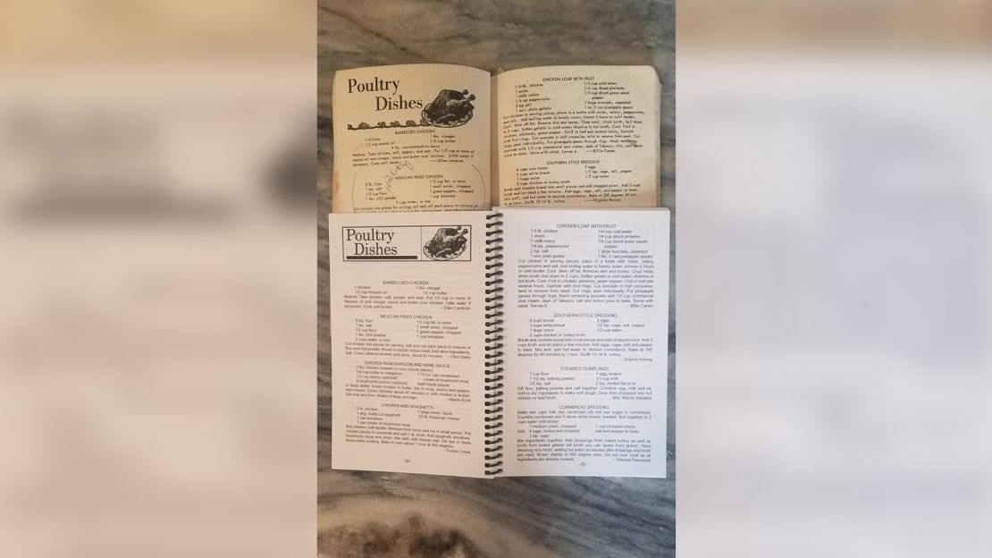 The reprinted cookbook, at the bottom, keeps the layout and some of the pictures.