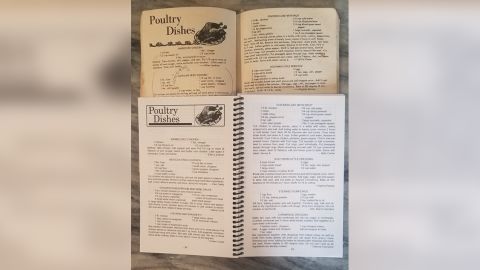 The reprinted cookbook, at the bottom, keeps the layout and some of the pictures.