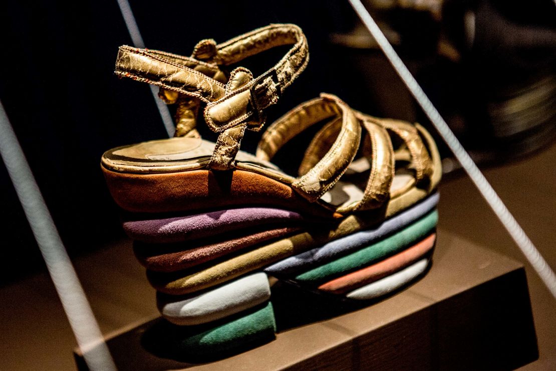 A view of "The Rainbow" platform heels by Salvatore Ferragamo, pictured in 2016 at the brand's headquarters in Florence.