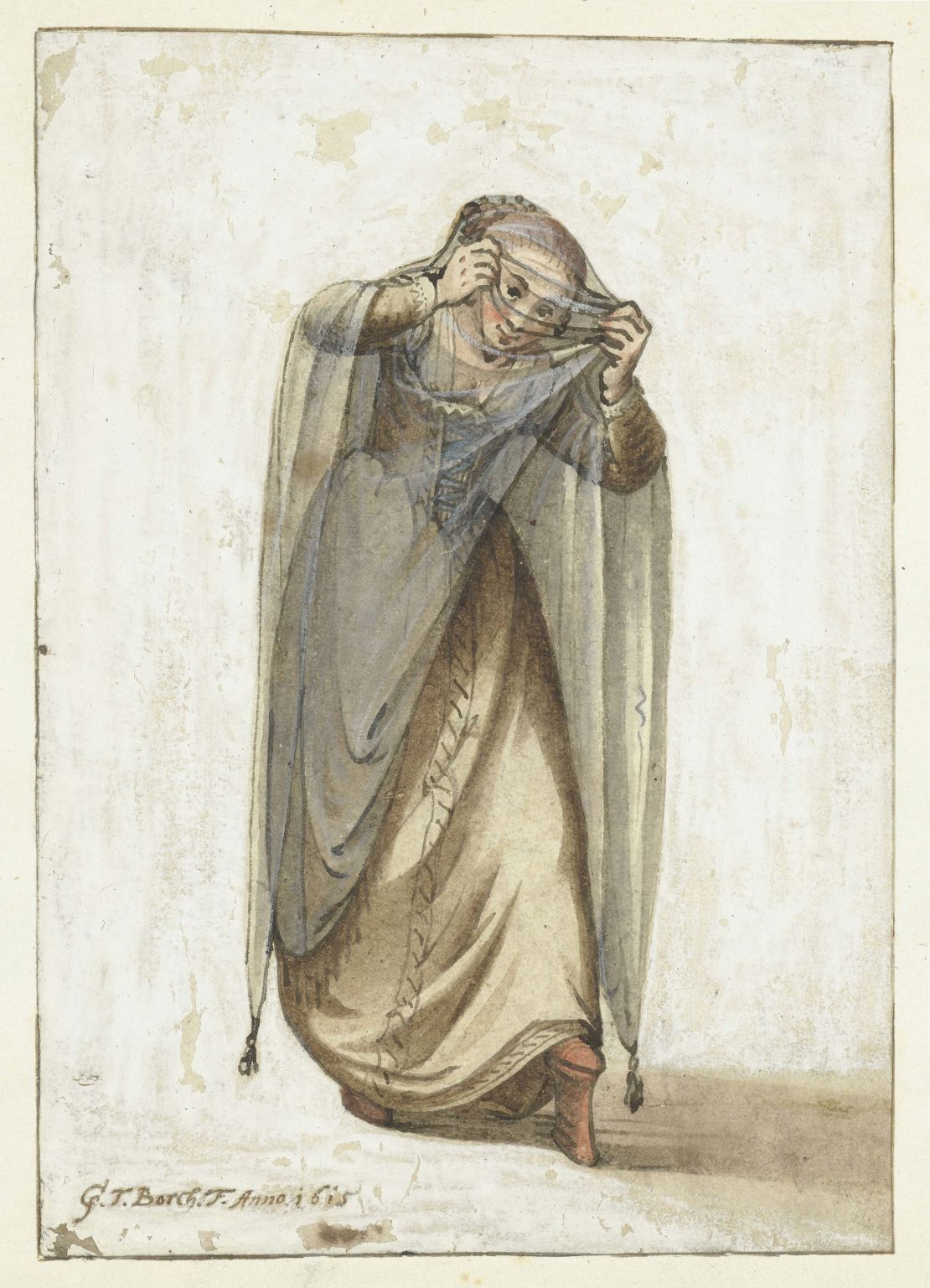 Platform shoes seen in an illustration of a Venetian courtesan housed in the Rijksmuseum, dated to between 1660 and 1670.