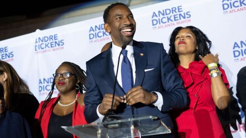 Andre Dickens gives his victory speech Tuesday night in Atlanta. 