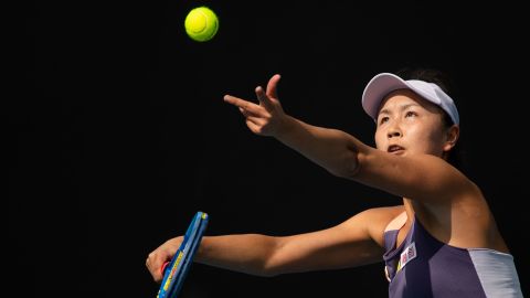 Peng Shuai serves to Hibino Nao during their women's singles first-round match at the Australian Open in 2020.