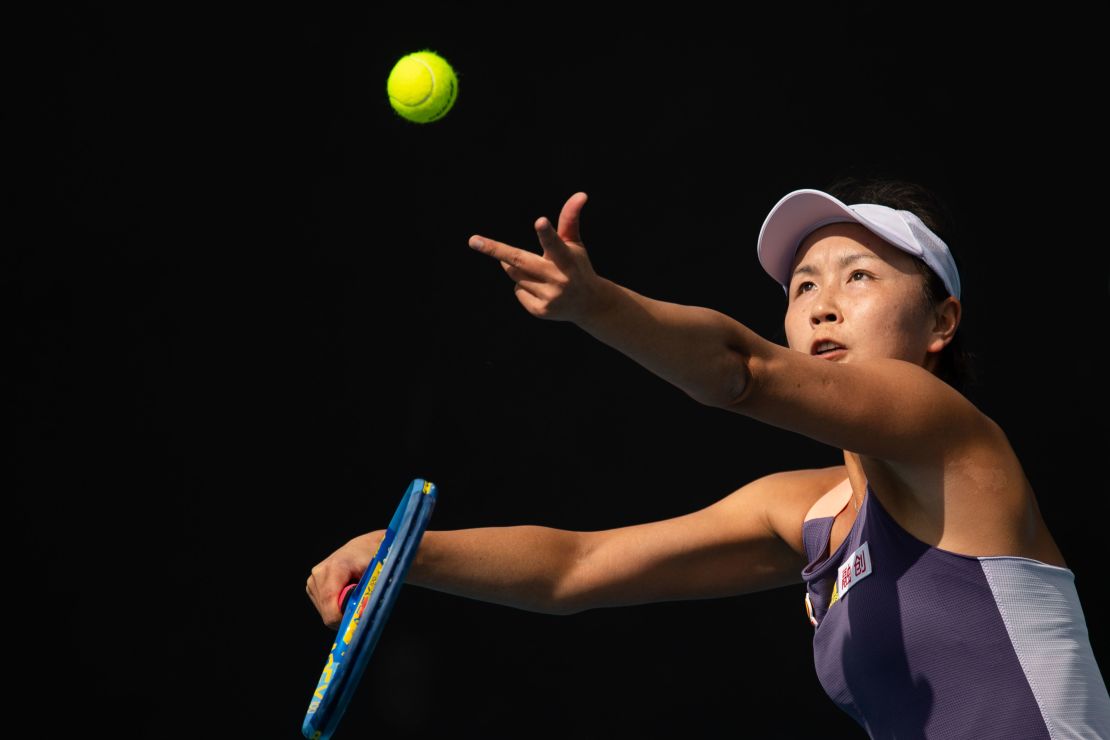 Peng Shuai serves to Hibino Nao during their women's singles first-round match at the Australian Open in 2020.