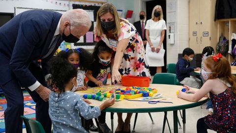 President Joe Biden talks to students during a visit to a Pre-K classroom at East End Elementary School in North Plainfield, New Jersey, to promote his Build Back Better agenda on October 25, 2021. 
