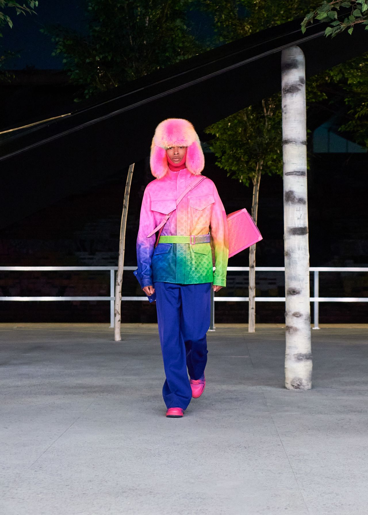 A rainbow look from Louis Vuitton's Spring-Summer 2022 collection, designed by Virgil Abloh