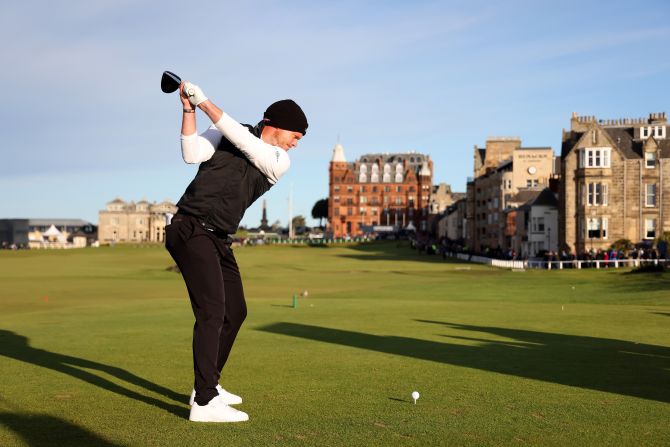 Danny Willett tees off on the 18th hole during day four of The Alfred Dunhill Links Championship at The Old Course at St Andrews on October 3, 2021 in Scotland. With sea levels projected to rise by one meter in the next 50 years, the home of golf at St. Andrews could be a swamp like Miami as early as 2050.