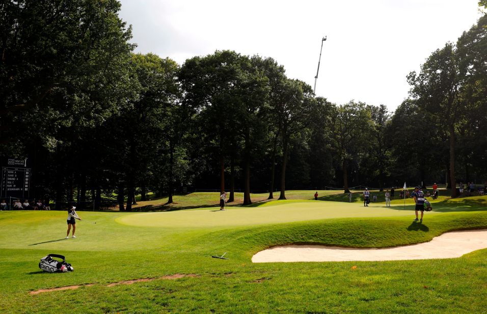 Georgia Hall (left) on the 17th tee during day one of the AIG Women's British Open at Woburn Golf Club on August 1, 2019. The course constructed its own reservoir in 2013 to capture rainwater to irrigate its turf, and more recently drilled a borehole to tap water from underground. The company managing the course says the new infrastructure should make Woburn fully self-sufficient, so it isn't using water that could be otherwise used for drinking and in homes.