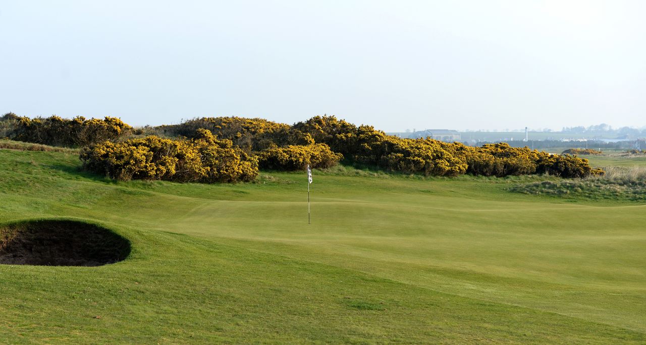 A general view of the par three 16th hole on the Montrose Medal Course at the Montrose Golf Links in Angus, Scotland. In the last 30 years, the sea has encroached by almost 230 feet (70 meters) in places at the club, according to research released in 2016.