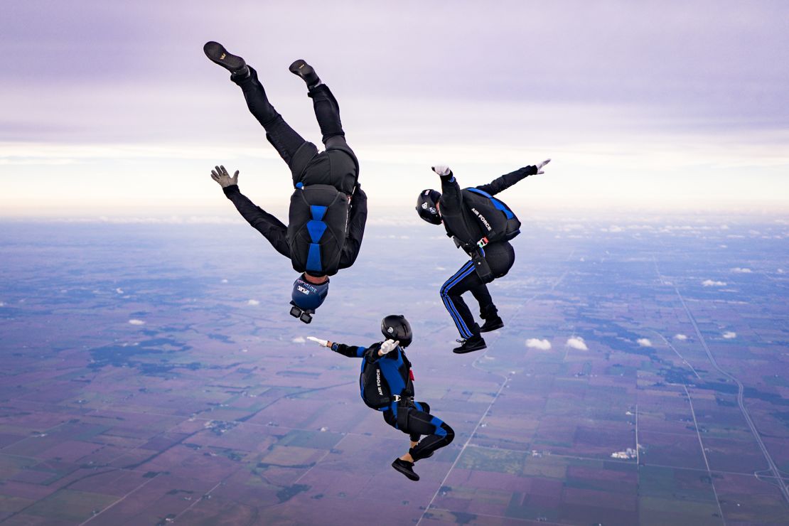 Three skydivers taking part in the Mixed Formation Skydiving category at the 2018 USPA National Championships.