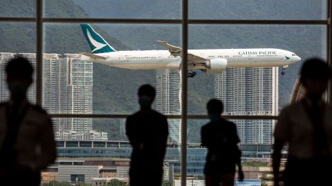 A Cathay Pacific aircraft coming in to land at Hong Kong International Airport in August.
