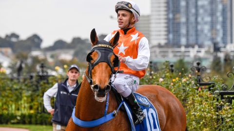 Chris Caserta returns to the mounting yard on Queen La Diva after winning the Furphy Celebration of Melbourne Handicap, at Flemington Racecourse on June 6, 2020 in Flemington, Australia.