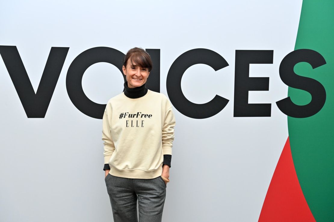Elle senior vice president and international director Valeria Bessolo LLopiz wearing a "furfree" sweater backstage at the Business of Fashion's VOICES 2021 conference in the UK.