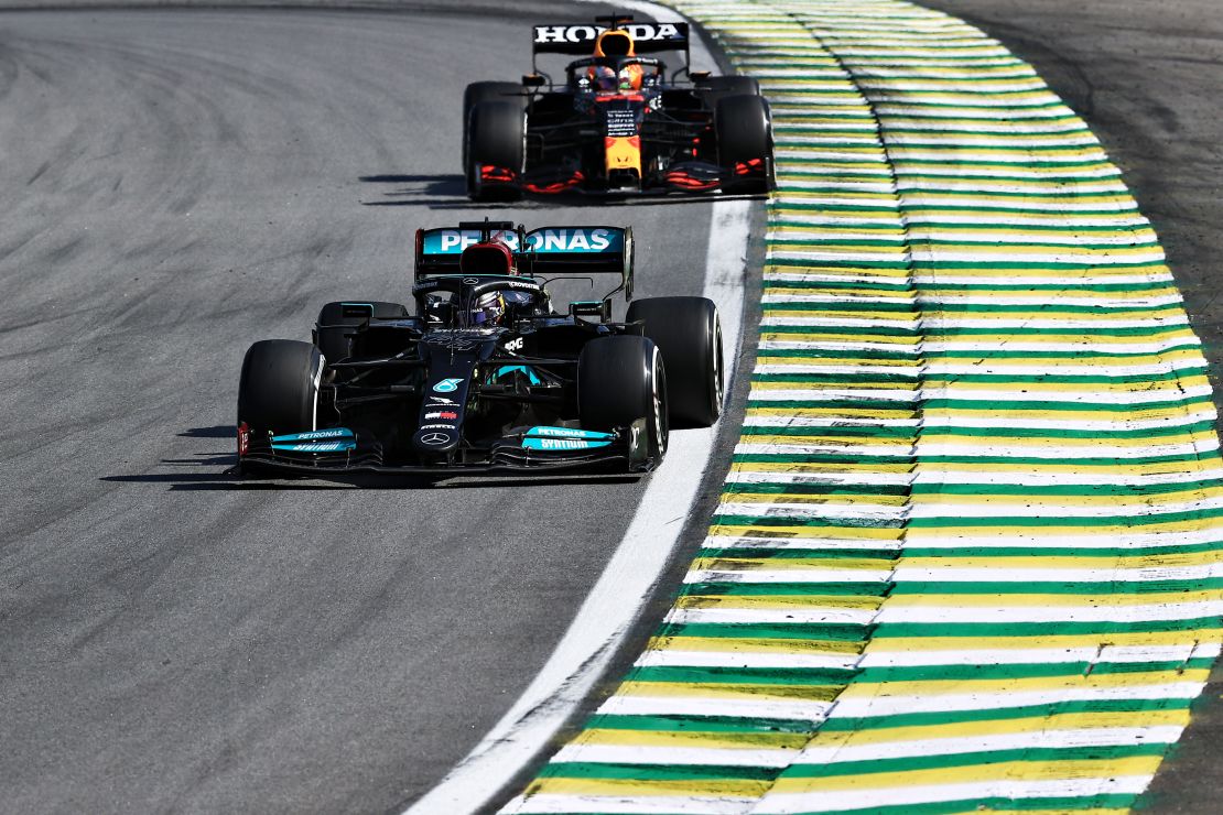 Lewis Hamilton leads Max Verstappen during the F1 Grand Prix of Brazil at Autodromo Jose Carlos Pace on November 14, 2021 in Sao Paulo, Brazil.