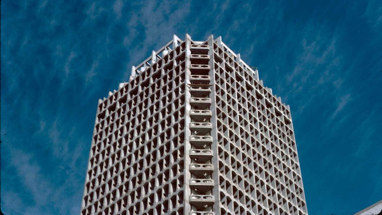 This photograph of the Dubai World Trade Centre from 1977 -- which has been made into a postcard -- was taken by Stephen Finch, the lead architect for the tower. 