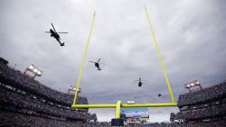 A helicopter flyover before the game between the New Orleans Saints and the Tennessee Titans at Nissan Stadium on November 14, 2021 in Nashville, Tennessee.