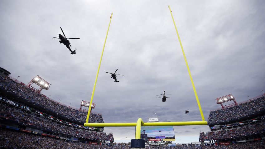 A helicopter flyover before the game between the New Orleans Saints and the Tennessee Titans at Nissan Stadium on November 14, 2021 in Nashville, Tennessee.