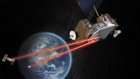 This illustration of NASA's Laser Communications Relay Demonstration shows how otherwise invisible infrared lasers could be used to communicate between space missions and ground stations on Earth. 
