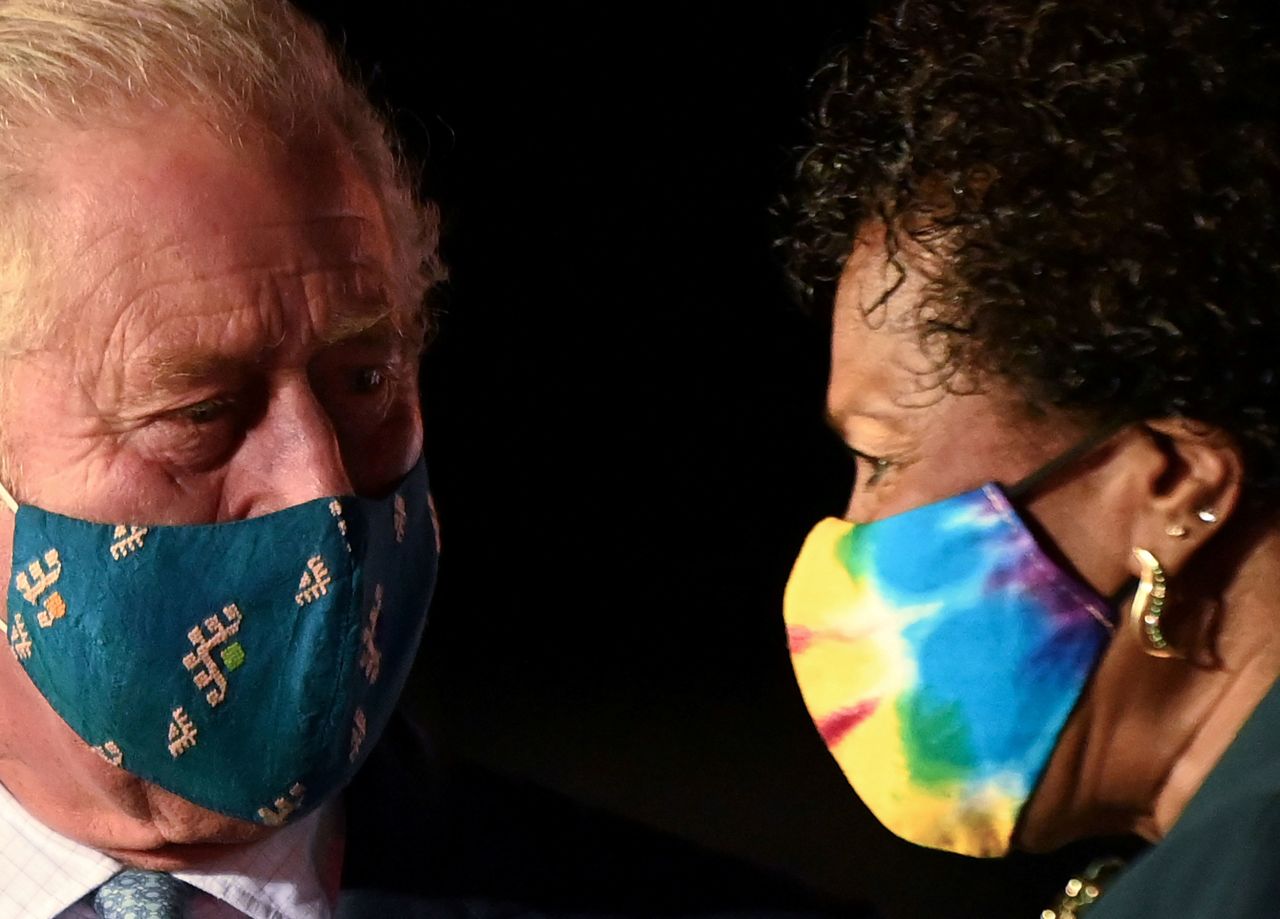 Britain's Prince Charles speaks with Barbados President-elect Sandra Mason after arriving in Bridgetown, Barbados, on Sunday, November 28. After nearly 400 years, Barbados <a href="http://www.cnn.com/2021/11/29/world/gallery/barbados-celebrates-republic/index.html" target="_blank">was cutting its last remaining bonds to the British monarchy.</a> Prince Charles acknowledged the "appalling atrocity of slavery" as the nation removed Queen Elizabeth II as head of state and inaugurated Mason as its first-ever President.