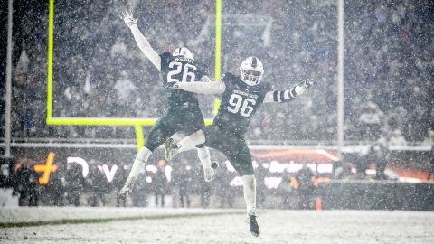 Michigan State's Brandon Wright, left, and Jacub Panasiuk celebrate during the fourth quarter of their win versus Penn State on Saturday, November 27.